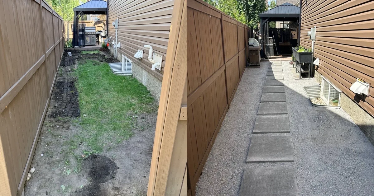 Before and after views of an artificial turf base and walkway project in Calgary