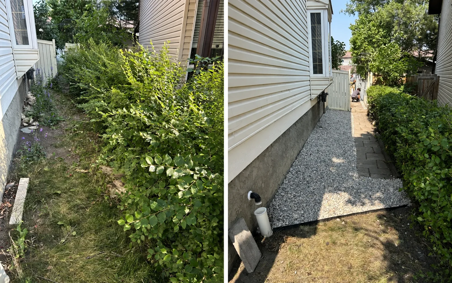 Before-and-after Calgary side walkway cleanup and decorative rock installation