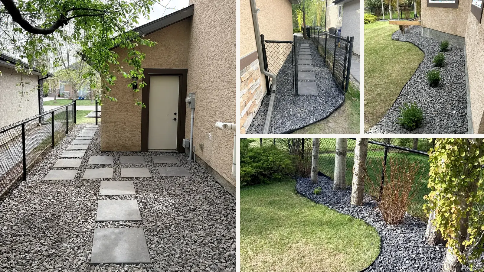 Collage of finished Calgary yard areas, foundation rock beds, and Rundle Rock pathways completed by Nika Terra