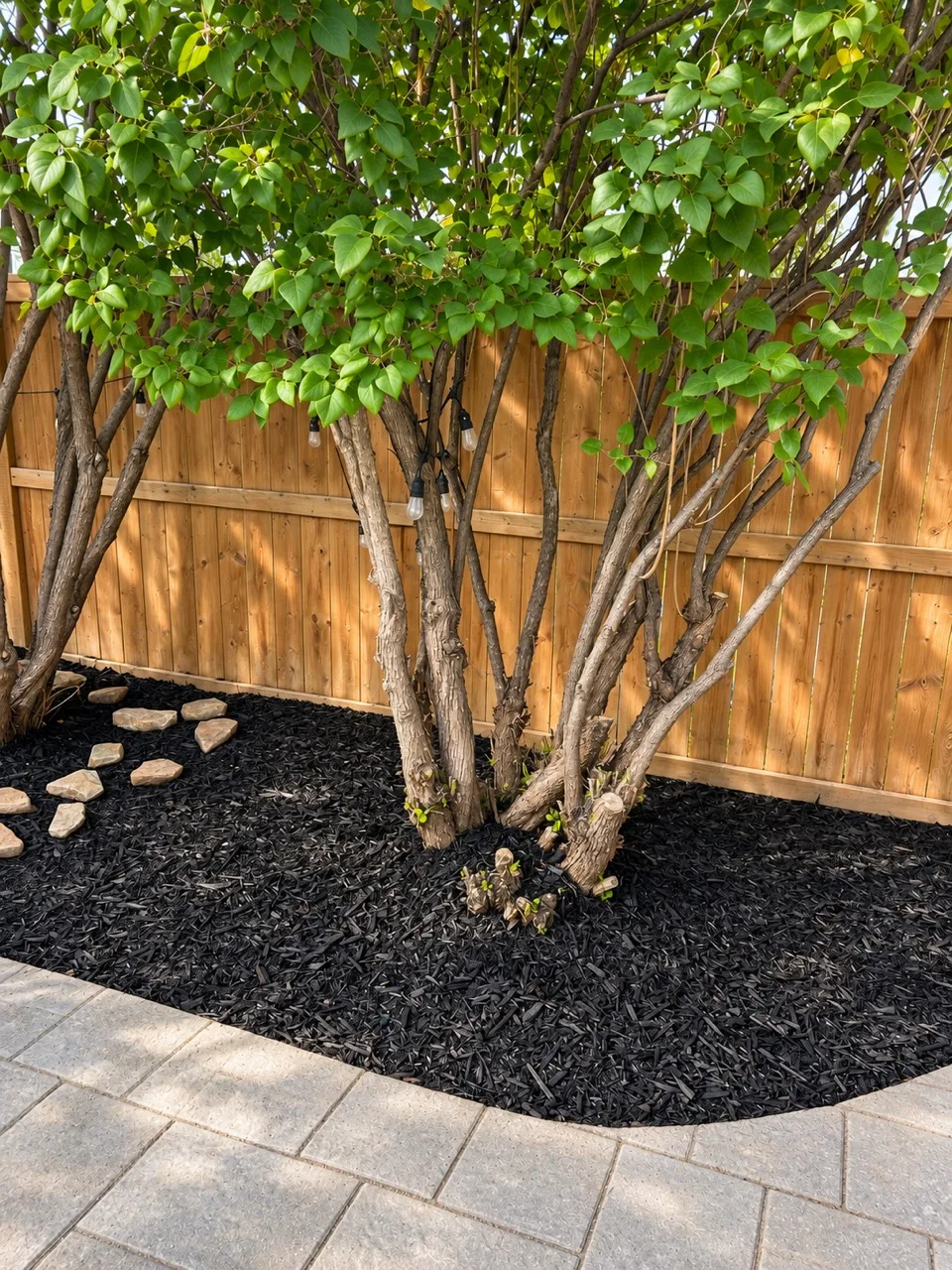 Black wood mulch around mature trees in a backyard bed beside a wooden fence and paver patio