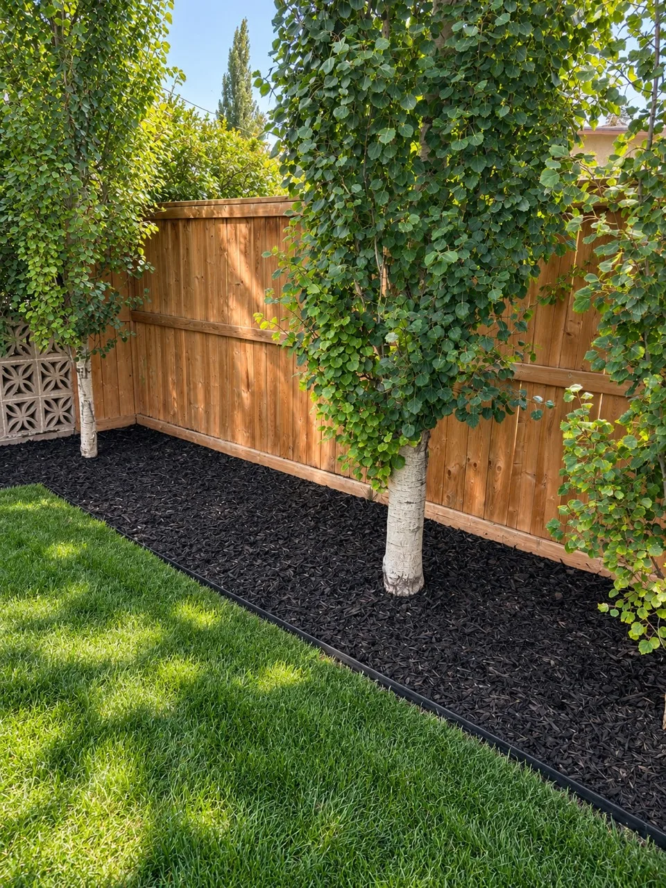 Black mulch in a tree-lined bed along a wooden fence with edging beside the lawn